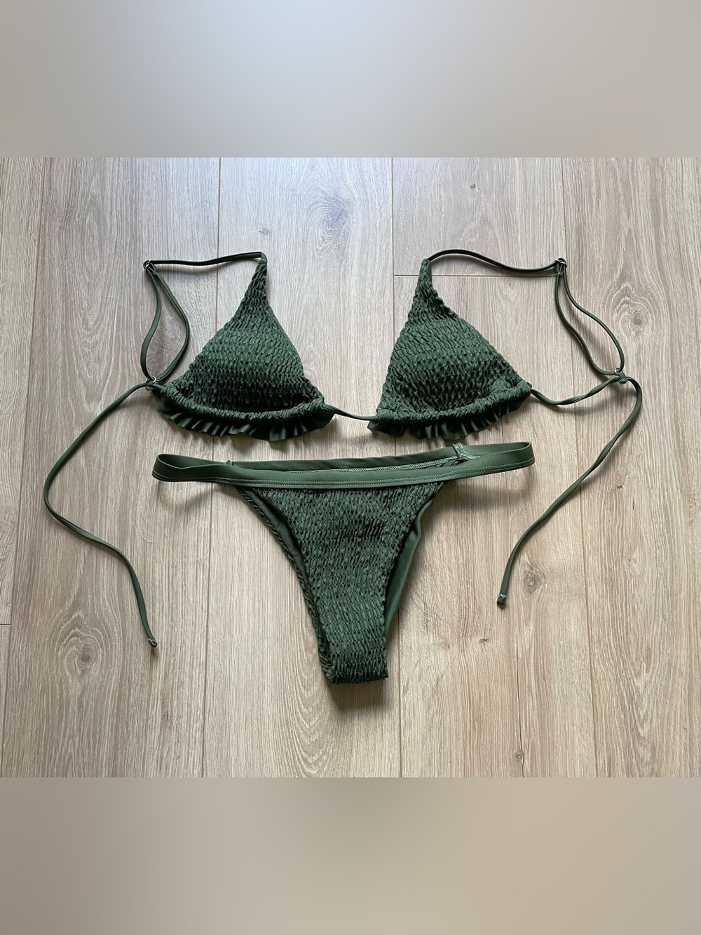 SHEIN Olive Green Smocked Triangle Bikini Set